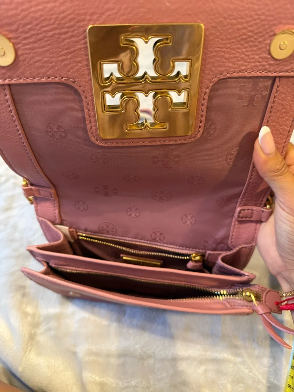 Tory Burch Rose Leather Crossbody with Gold Logo Chain